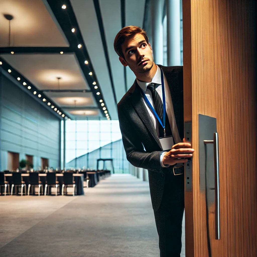 professional man in a suit and tie peeking into a deep tech event conference hall.